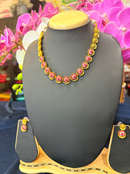 Indian Necklace & Earrings Ruby Pink Addiyal Jewellery Set V4