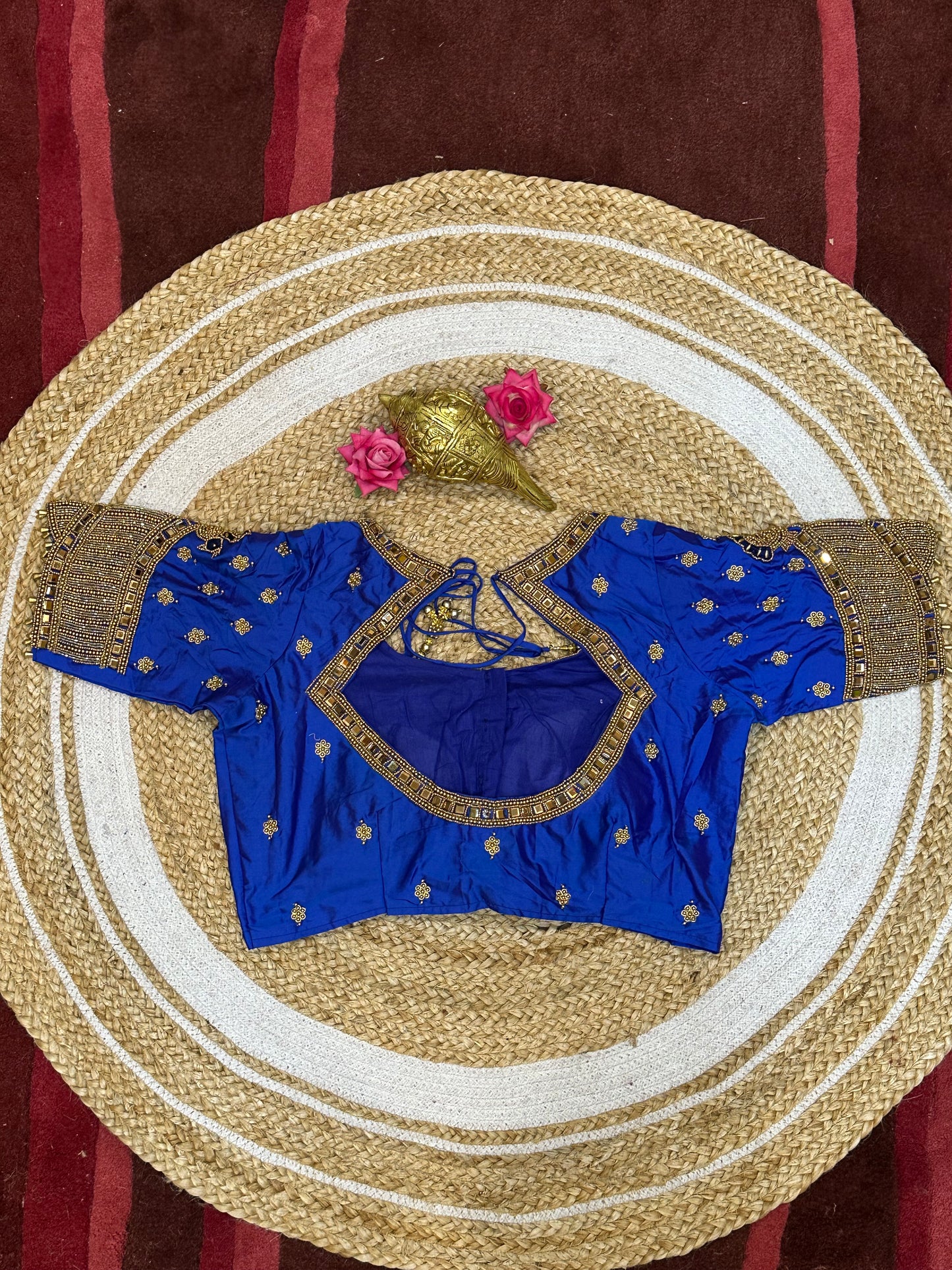 40” Size 10 Aari Worked Sari Blouse Indian Saree Top Silk Blue B92