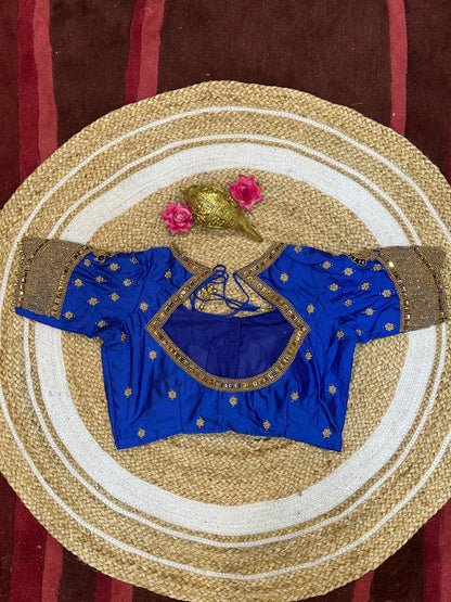 40” Size 10 Aari Worked Sari Blouse Indian Saree Top Silk Blue B92