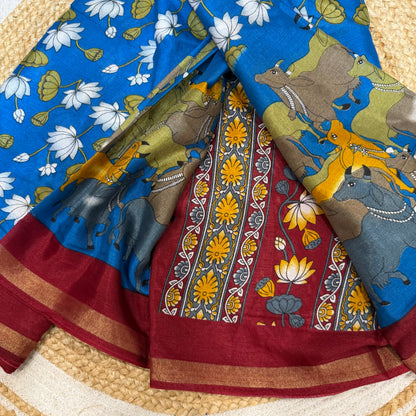 Blue Indian Casual wear Saree Kalamkari Printed Sari S143