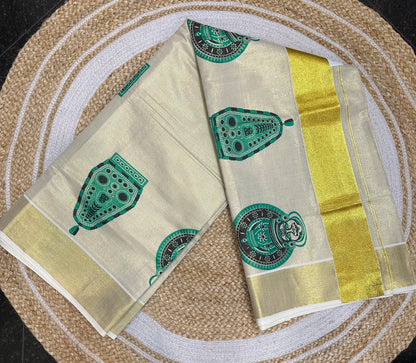 Red Kerala Vishu Sari Indian Cream Tissue hand Printed Onam Saree C17 Col 3