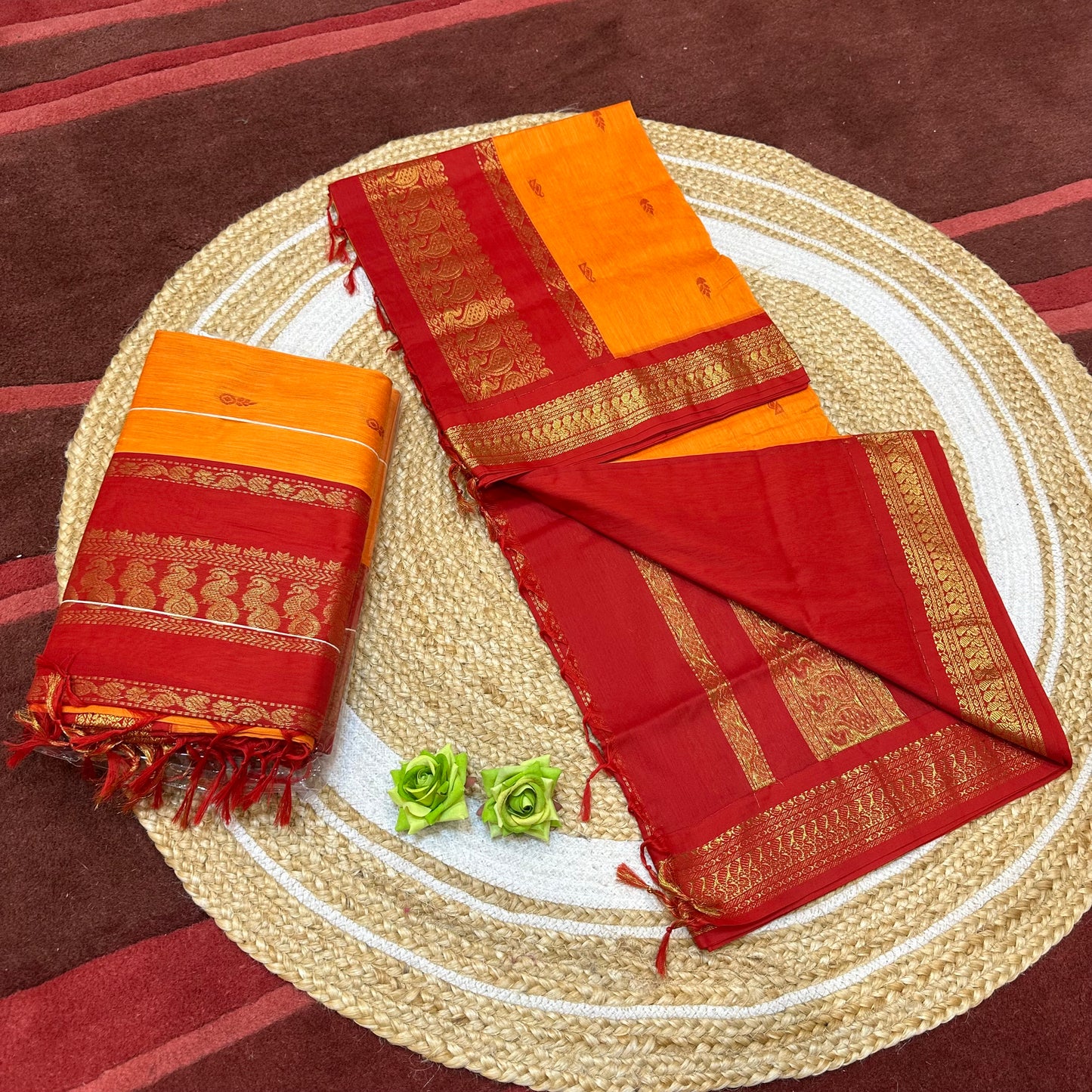 Mango Yellow & Red Kalyani Silk Cotton Sari South Indian Saree S140