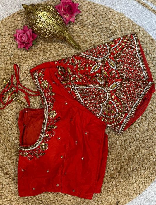 40” Size 10 Aari Worked Sari Blouse Indian Saree Top Silk Red B99