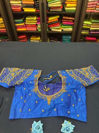 40” Aari hand Worked Sari Blouse Indian Top Choli Silk Blue B4