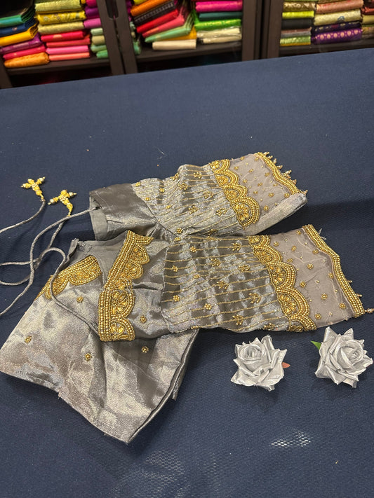 40” Aari hand Worked Sari Blouse Indian Top Choli Silk Metallic Antique Gold B15