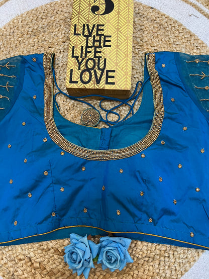 40” Bridal Aari hand Worked Sari Blouse Indian Top Choli Silk Blue B41