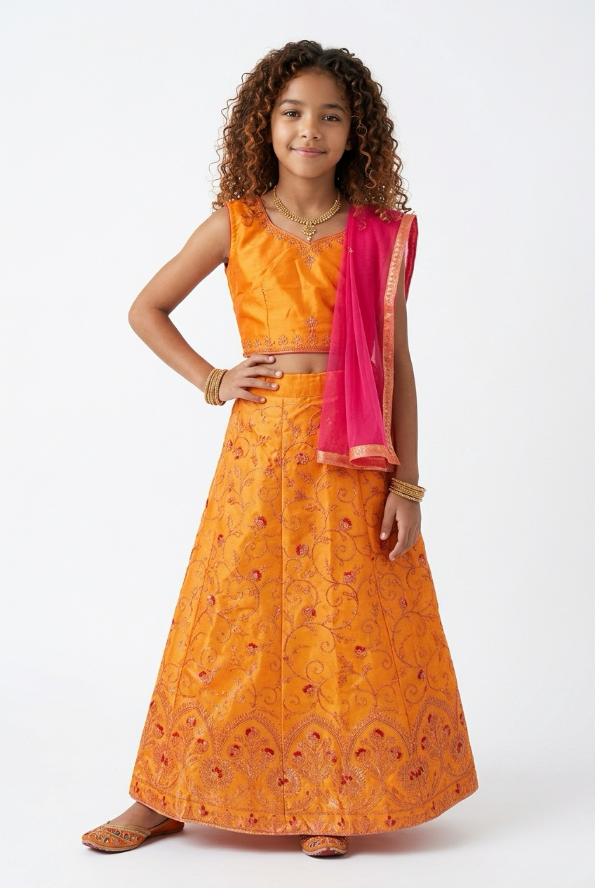 28” Size Age 5 to 6 Green Indian Lehenga Pavadai Sattai Skirt Top Lahenga G81