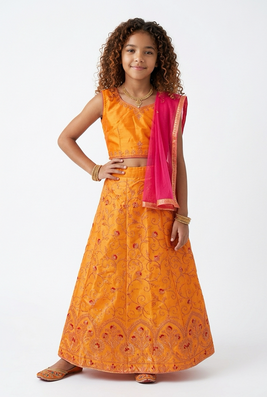 28” Size Age 5 to 6 Mustard Yellow Indian Lehenga Pavadai Sattai Skirt Top Lahenga G81