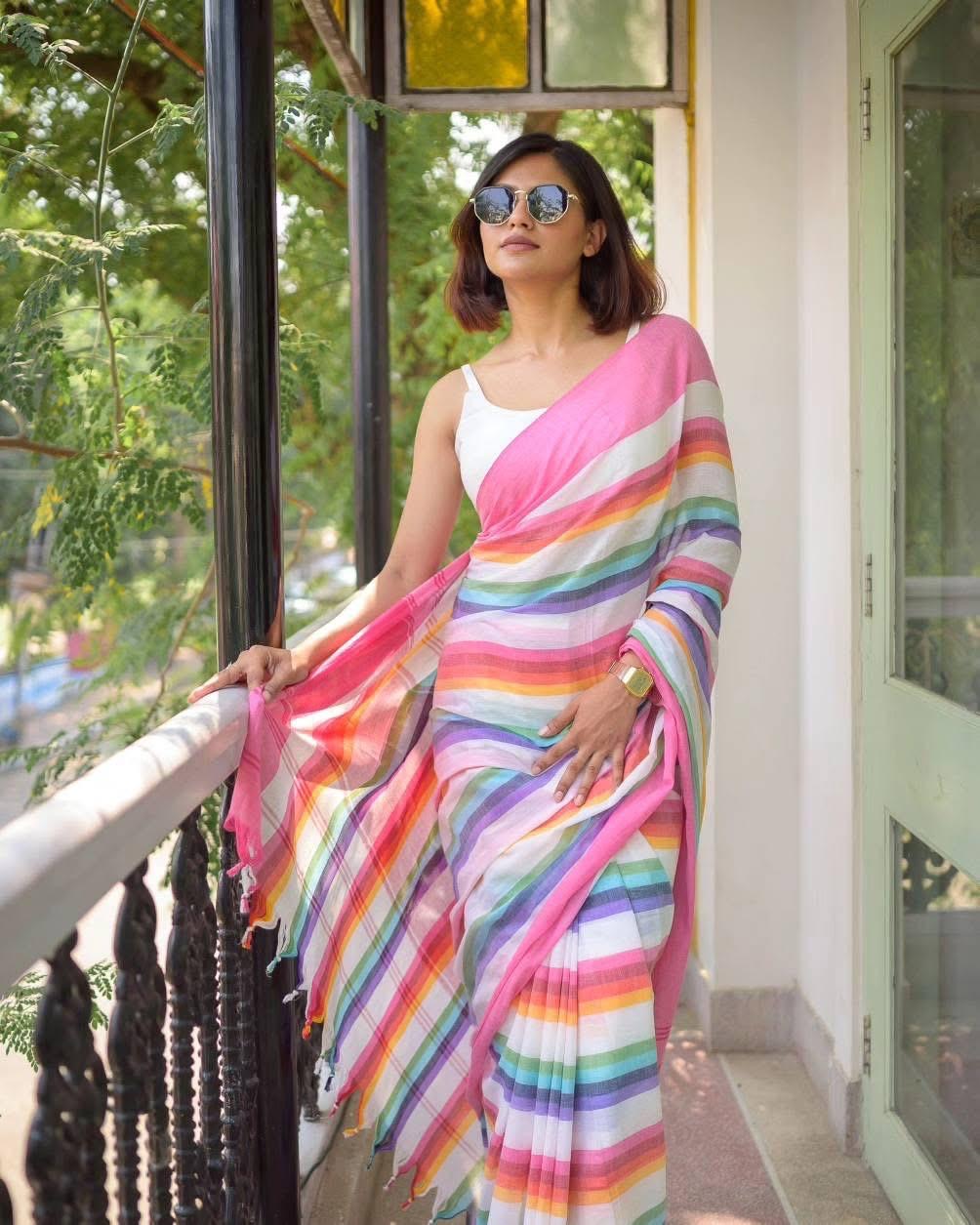 MUL Cotton White Stripe Sari Indian casual Saree C26