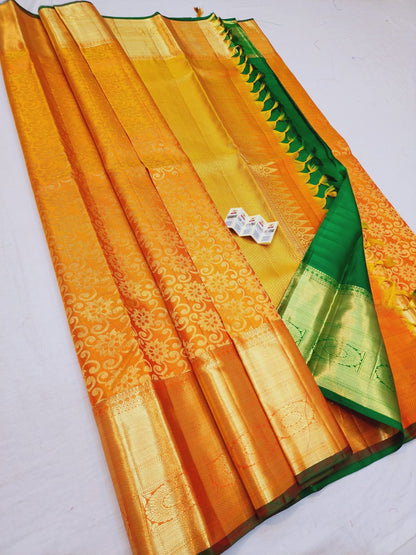 Kanchipuram Pure Silk Saree Mango Yellow & Green Kanjivaram Sari| SPK119
