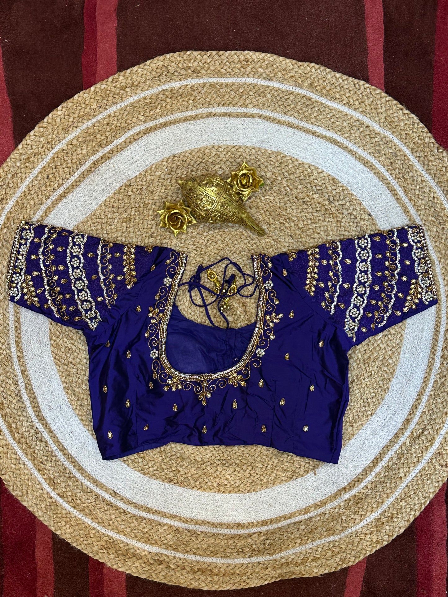 40” Size 10 Aari Worked Sari Blouse Indian Saree Top Silk Purplish Blue B88