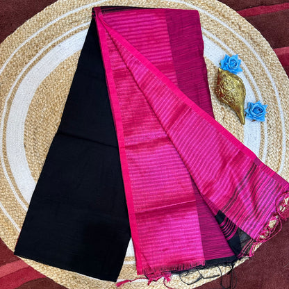 Black & Pink Soft Slab Cotton Linen Sari Indian Saree with temple border C1