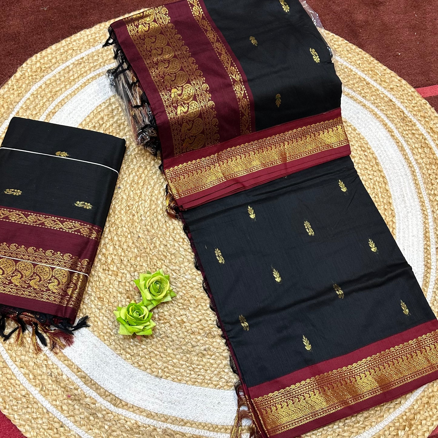Black & Maroon Kalyani Silk Cotton Sari South Indian Saree S140
