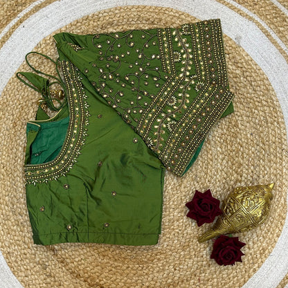 44” Size 14 Aari Worked Sari Blouse Indian Saree Top Silk Green B248