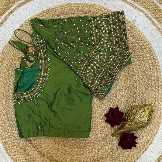 44” Size 14 Aari Worked Sari Blouse Indian Saree Top Silk Green B248