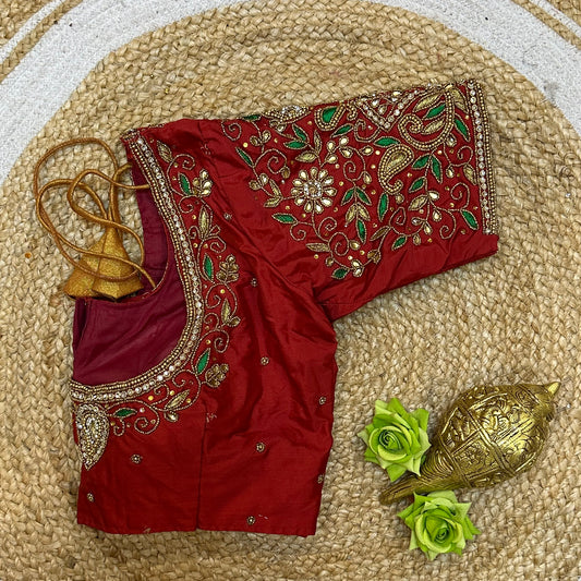 38” M Size 8 Aari Worked Sari Blouse Indian Saree Top Red B301