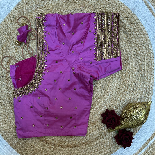 44” Size 14 Aari Worked Sari Blouse Indian Saree Top Silk Pink B256