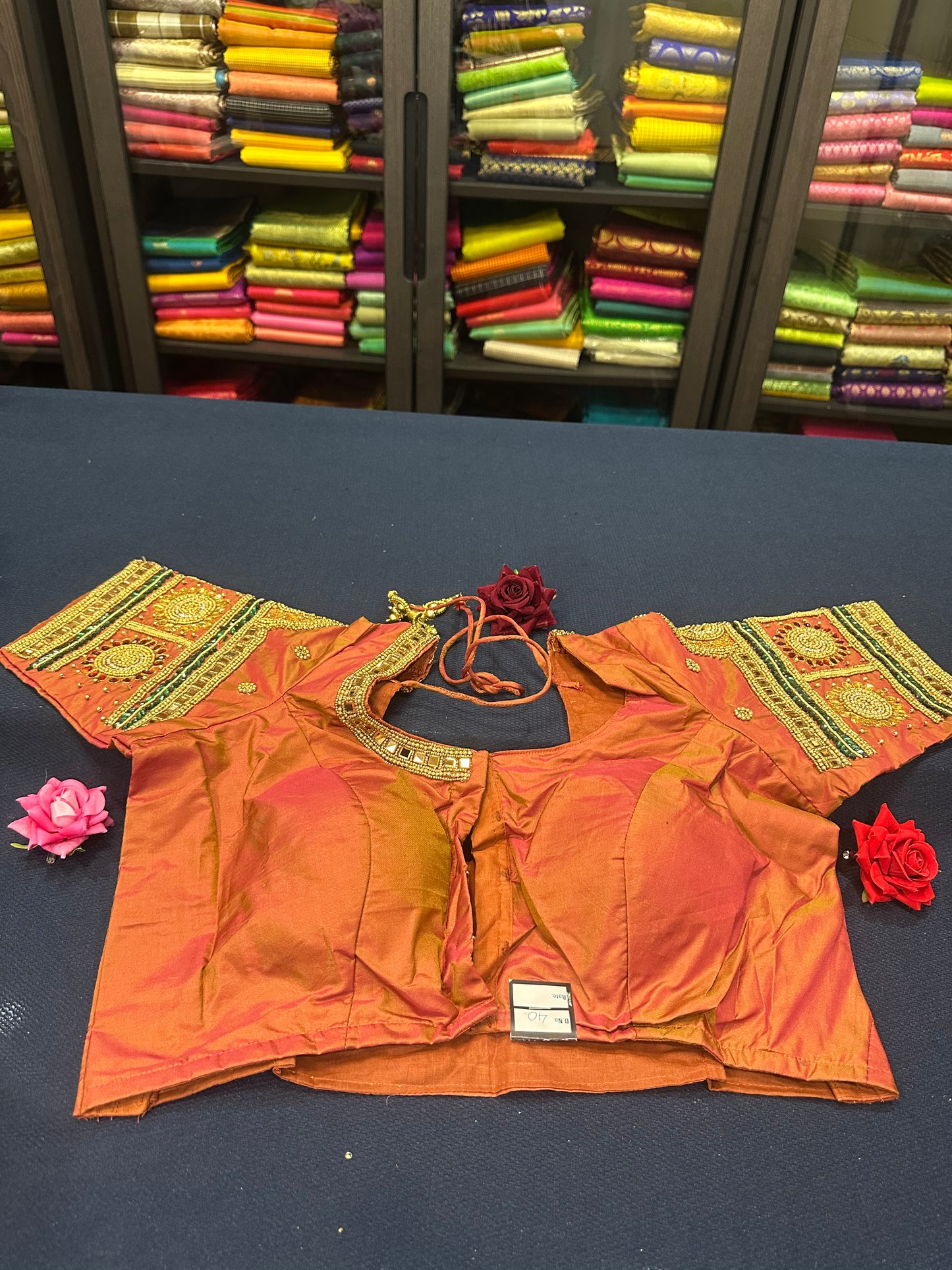 40” Aari hand Worked Sari Blouse Indian Top Choli Silk Rusty Orange B19
