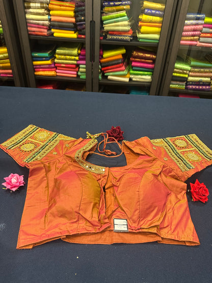 40” Aari hand Worked Sari Blouse Indian Top Choli Silk Rusty Orange B19