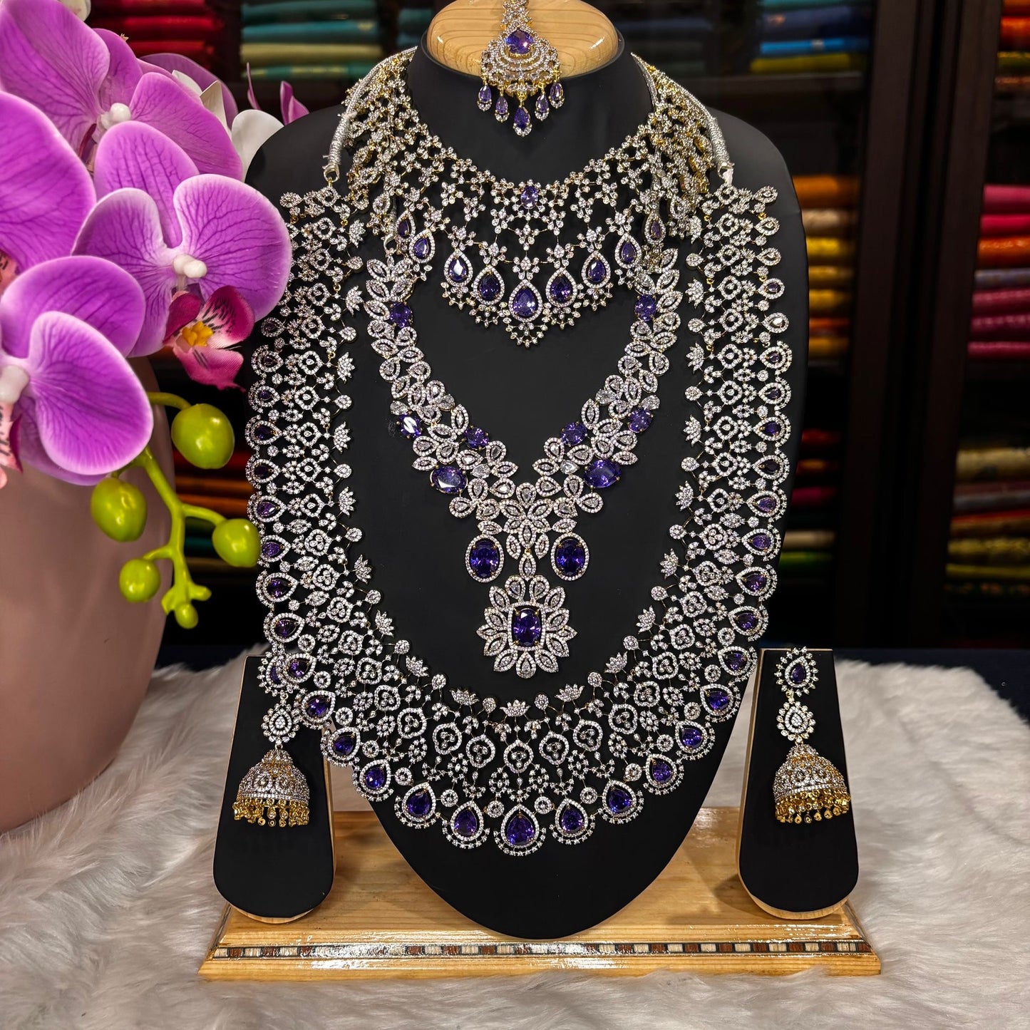 AD Bluish Purple and Silver Indian Bridal Necklace Haram set N37