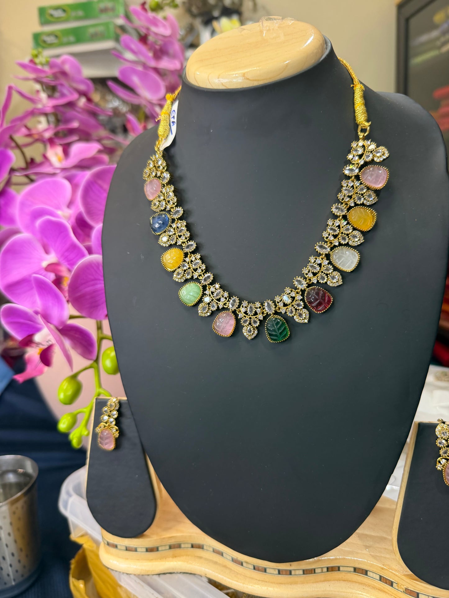 Indian Brass Necklace & Earrings Jewellery Set Multi N62