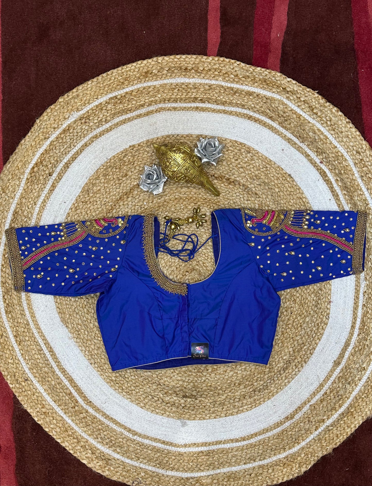 34” XS Aari Worked Sari Blouse Indian Saree Top Silk Blue B107