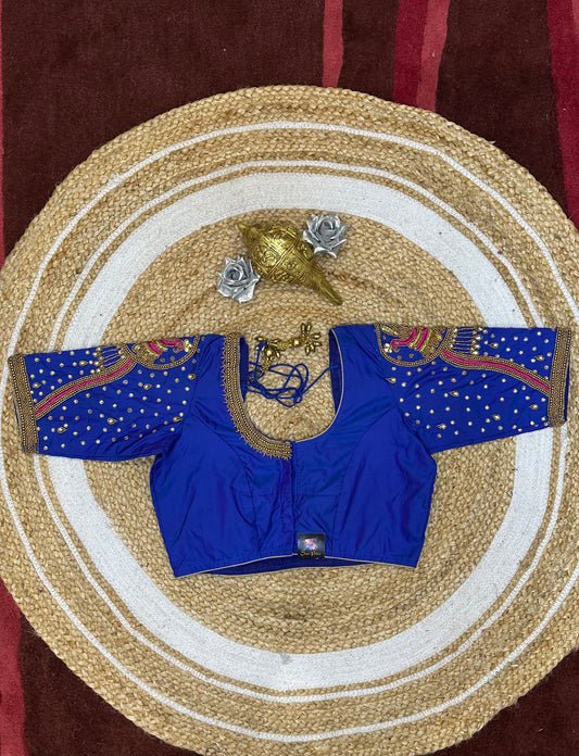 34” XS Aari Worked Sari Blouse Indian Saree Top Silk Blue B107