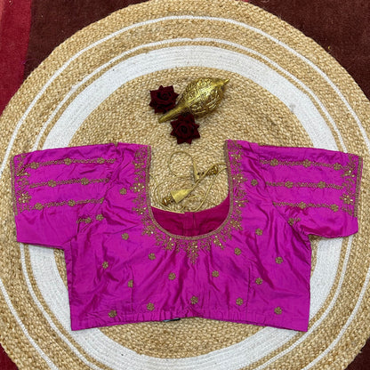 44” Size 14 Aari Worked Sari Blouse Indian Saree Top Silk Hot Pink B253