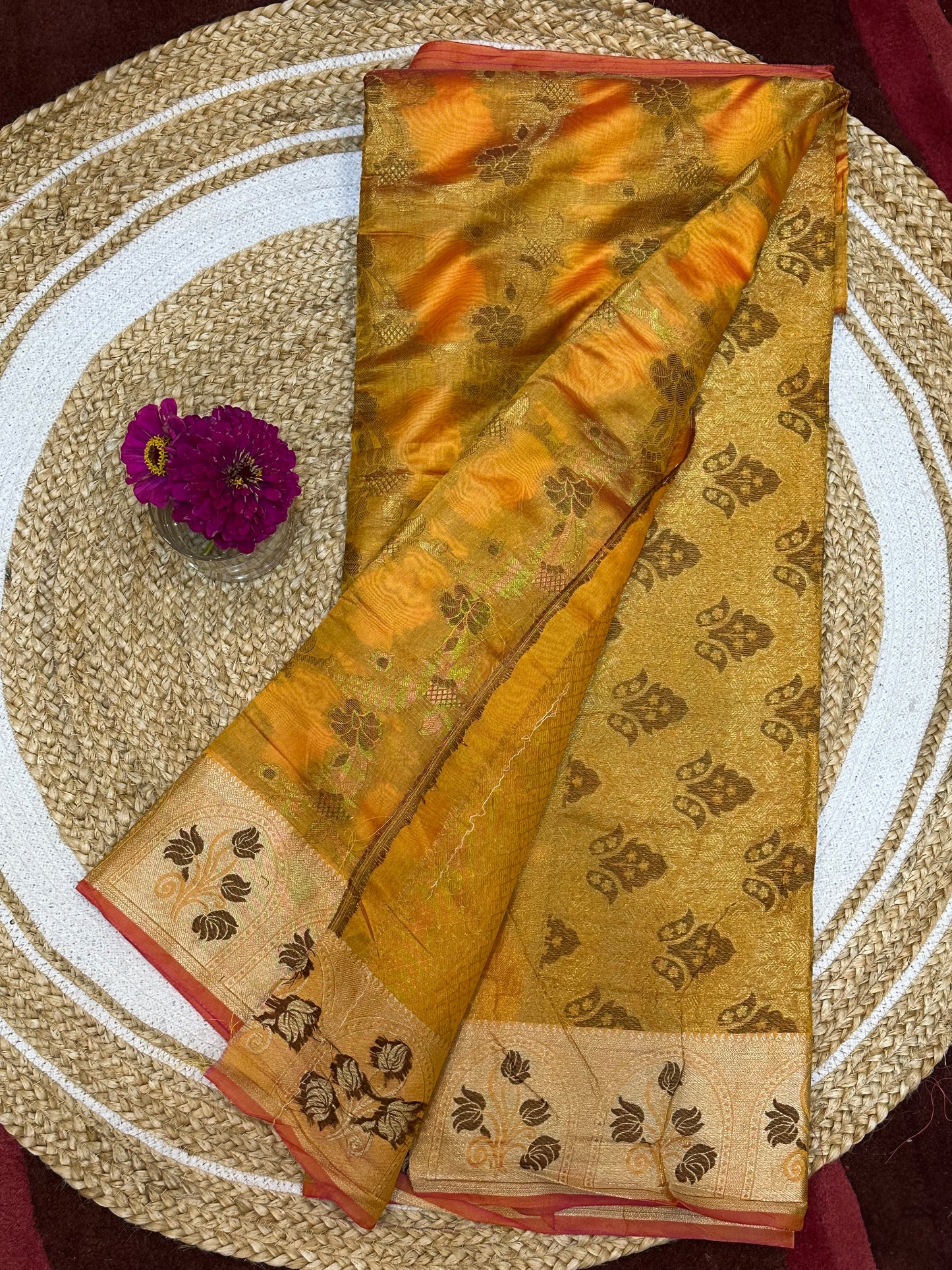 Yellow Orange thread work Sari Indian Saree S75