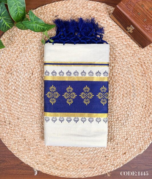 Blue Kerala Vishu Sari Indian Cream Tissue Saree C9 - Col 6