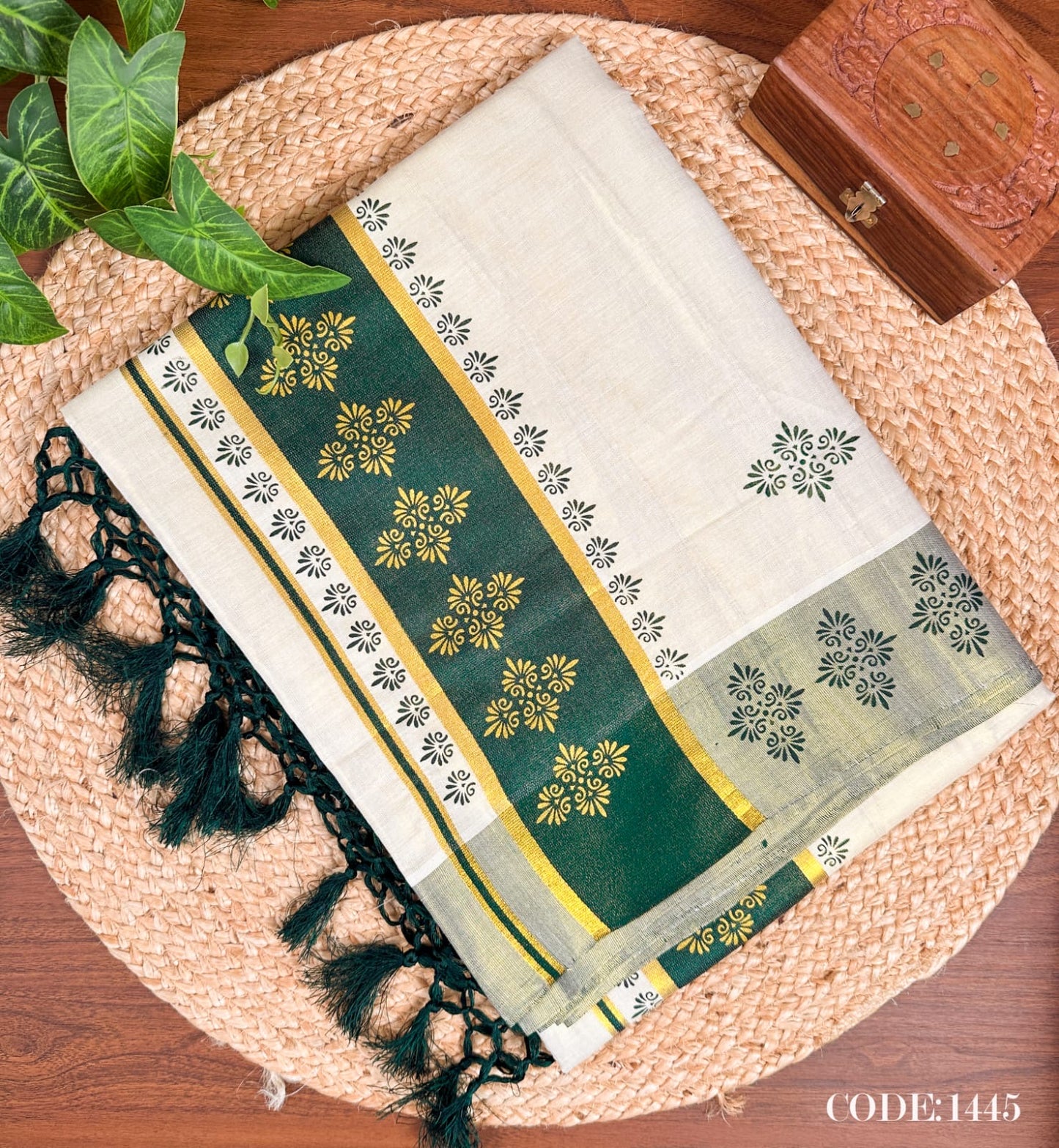 Bottle Green Kerala Vishu Sari Indian Cream Tissue Saree C9 - Col 1