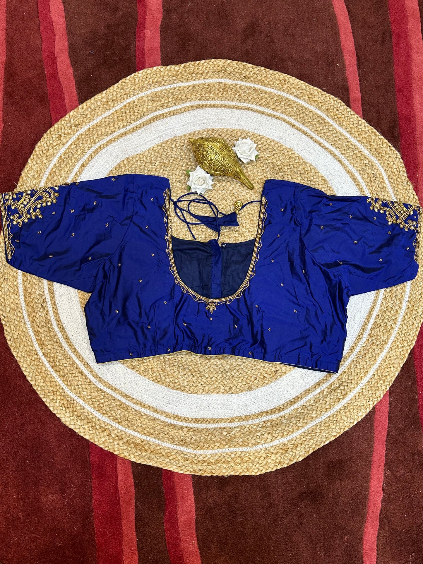 50” Size 20 Aari Worked Sari Blouse Indian Saree Top Silk Blue B54