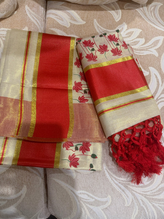 Kerala Set Mundu Vishu Sari Indian hand Printed Kasavu Onam Saree C50