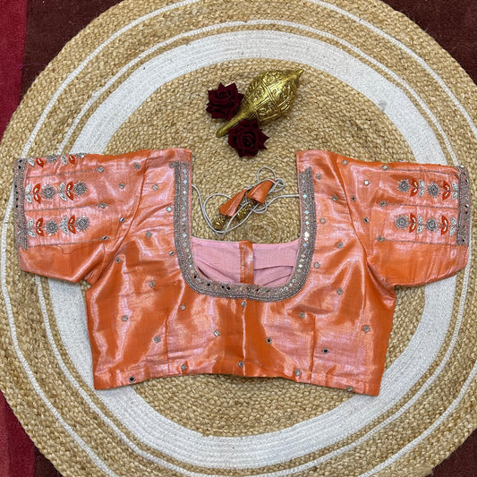44” Size 14 Aari Worked Sari Blouse Indian Saree Top Metallic Orange B264