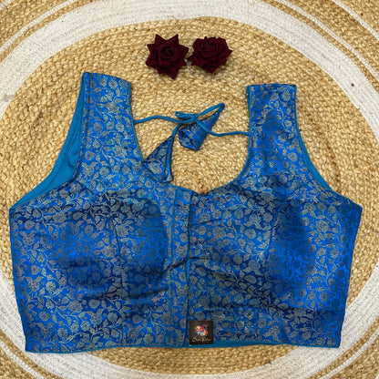 Blue 44” Size 14 Sari Blouse Brocade Indian Saree Top B420
