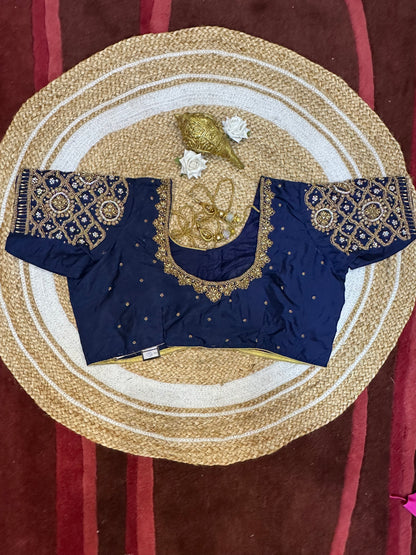 50” Size 20 Aari Worked Sari Blouse Indian Saree Top Silk Blue B62