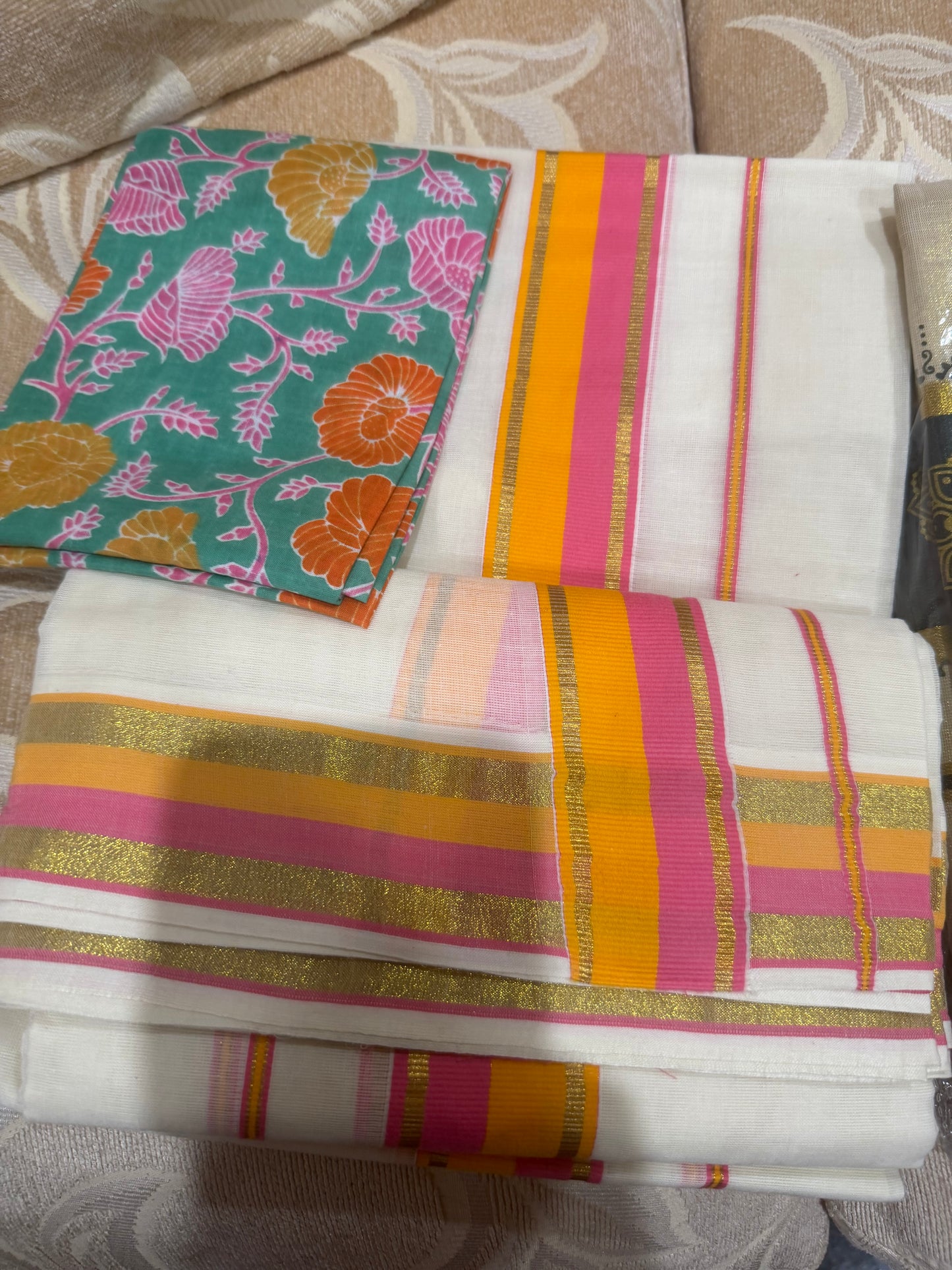 Kerala Multi Set Mundu Vishu Sari Indian hand Printed Kasavu Onam Saree C53