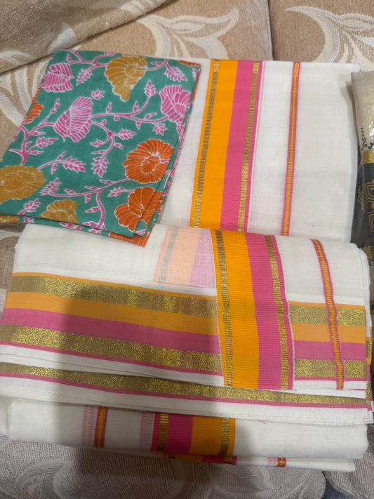 Kerala Multi Set Mundu Vishu Sari Indian hand Printed Kasavu Onam Saree C53