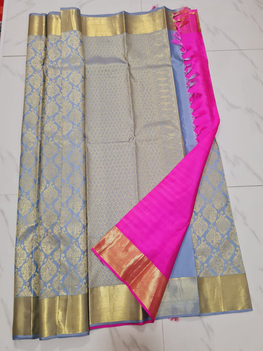 Bridal Kanchipuram Pure Silk Saree Grey & Pink Kanjivaram Sari| SPK132
