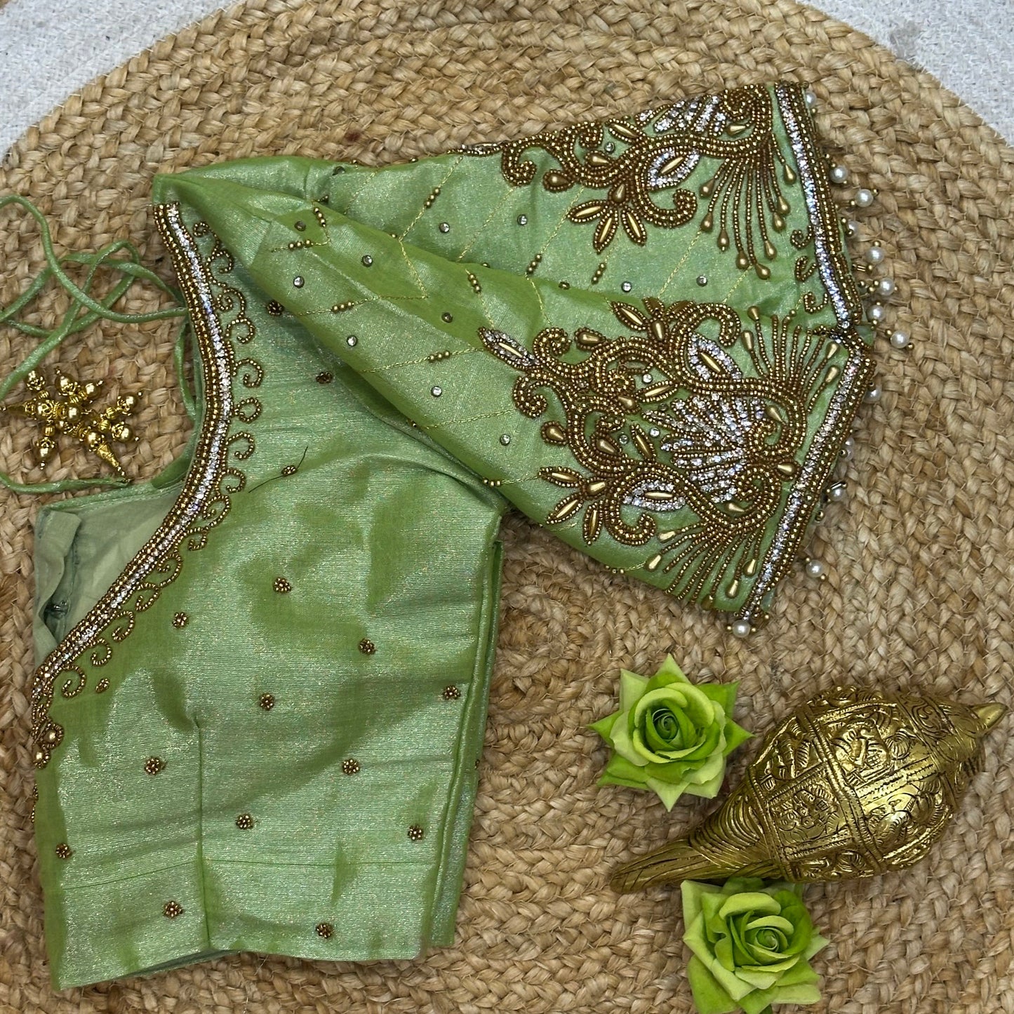 36” Small size Aari Worked Sari Blouse Indian Saree Metallic Green B201