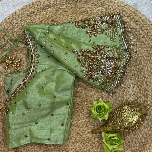 36” Small size Aari Worked Sari Blouse Indian Saree Metallic Green B201