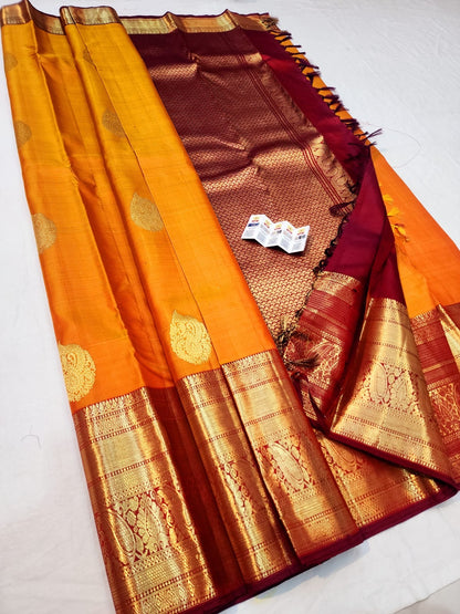 Kanchipuram Pure Silk Saree Bridal Mango Yellow Kanjivaram Sari SPK292