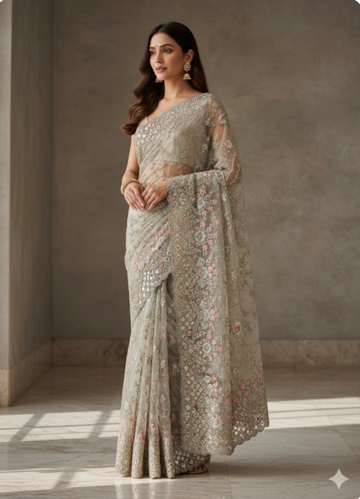 Pastel Green Fancy Party wear Net Sari Indian Saree S81