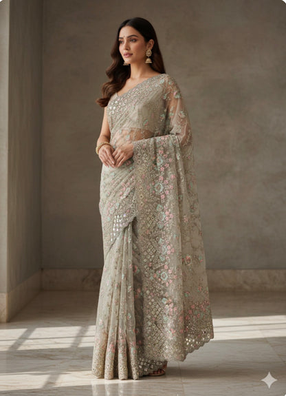 Pastel Green Fancy Party wear Net Sari Indian Saree S81