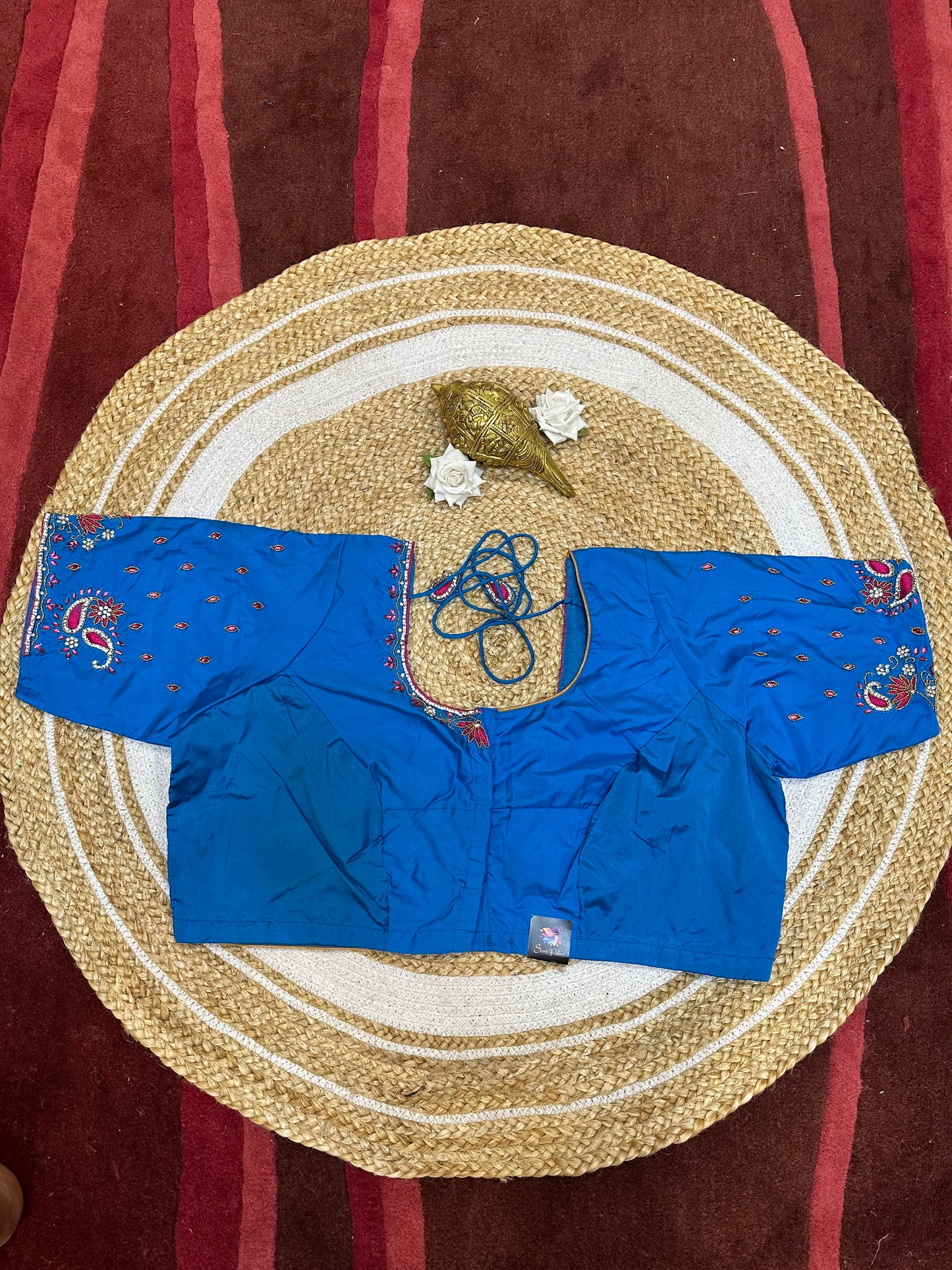 50” Size 20 Aari Worked Sari Blouse Indian Saree Top Silk Blue B52