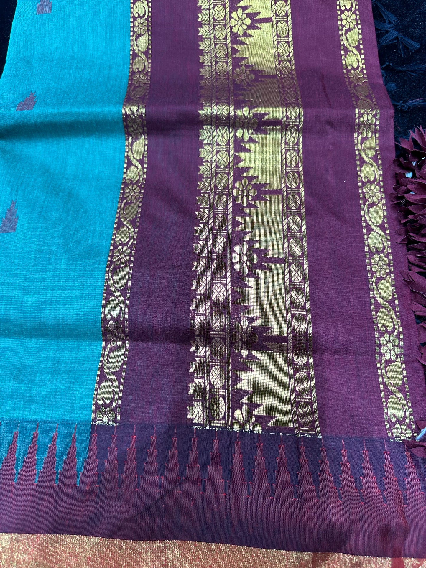 Kalyani Silk Cotton Sari Indian Saree Aqua & Burgundy S51