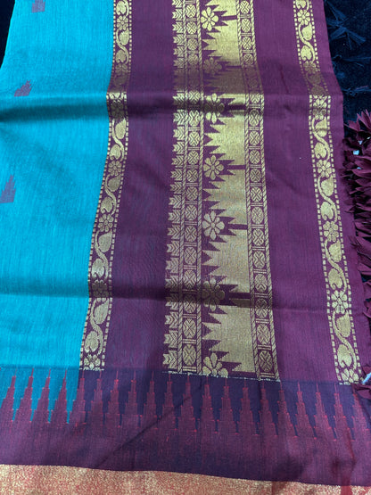 Kalyani Silk Cotton Sari Indian Saree Aqua & Burgundy S51