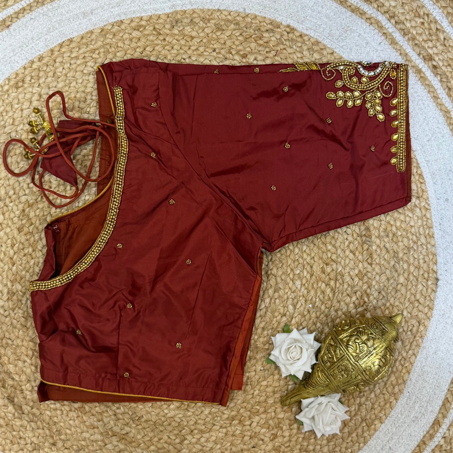 46” Size 16 Aari Worked Sari Blouse Indian Saree Top Silk Maroon Brown B220