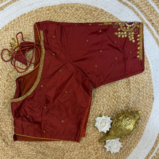 46” Size 16 Aari Worked Sari Blouse Indian Saree Top Silk Maroon Brown B220