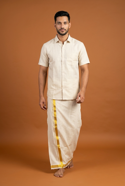 Men’s South Indian Vesti Shirt Combo Cream Gold Tissue Dhotti V5